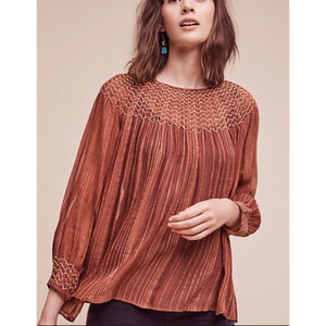 Anthropologie‎ Love Sam Metallic Smocked Peasant Top~S